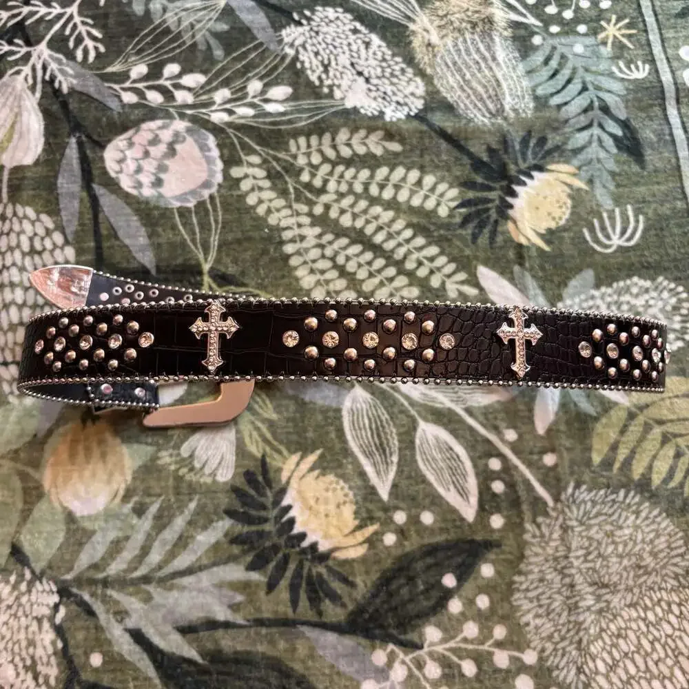 Y2K McBling Western Rhinestone and Cross Studded Black Crocodile Print Belt